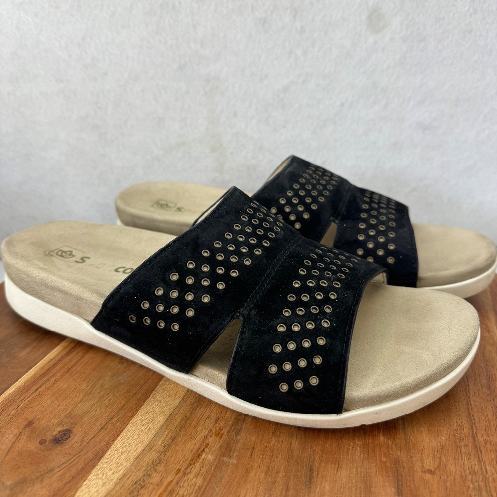 Spenco Women's 11D Black Suede Perforated‎ Slide Sandals Comfort Support